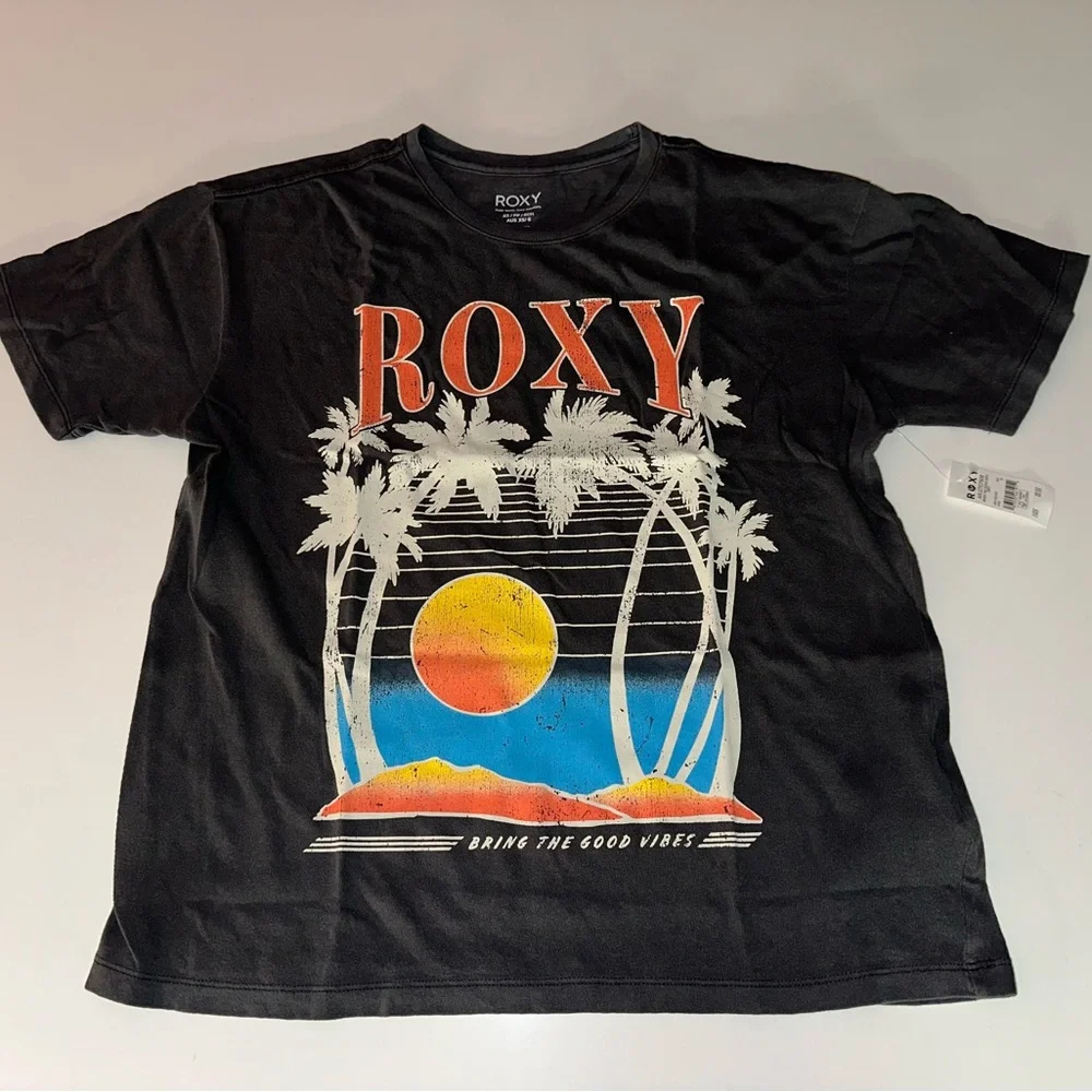 ROXY “Bring the Good Vibes” Black Cotton Vintage Style Band Boho T-Shirt Tee XS - Picture 4 of 8